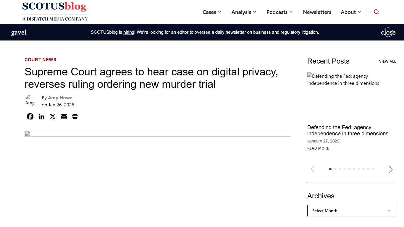 Supreme Court agrees to hear case on digital privacy, reverses ruling ordering new murder trial - SCOTUSblog